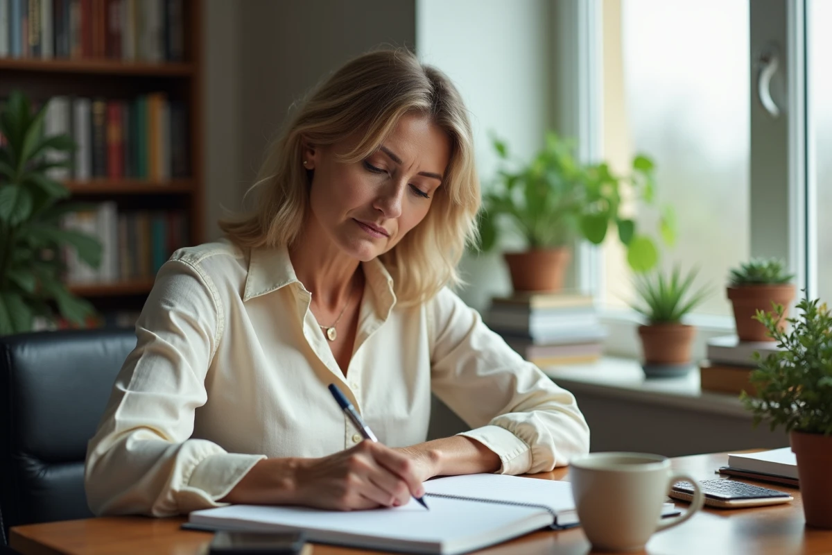Femme écrivant seule dans un bureau à domicile, symbolisant la prise en charge personnelle et l'autonomie intellectuelle