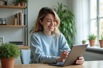 Femme en bureau moderne utilisant une tablette