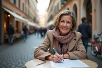 Femme concentrée dessinant un mots croises en plein air