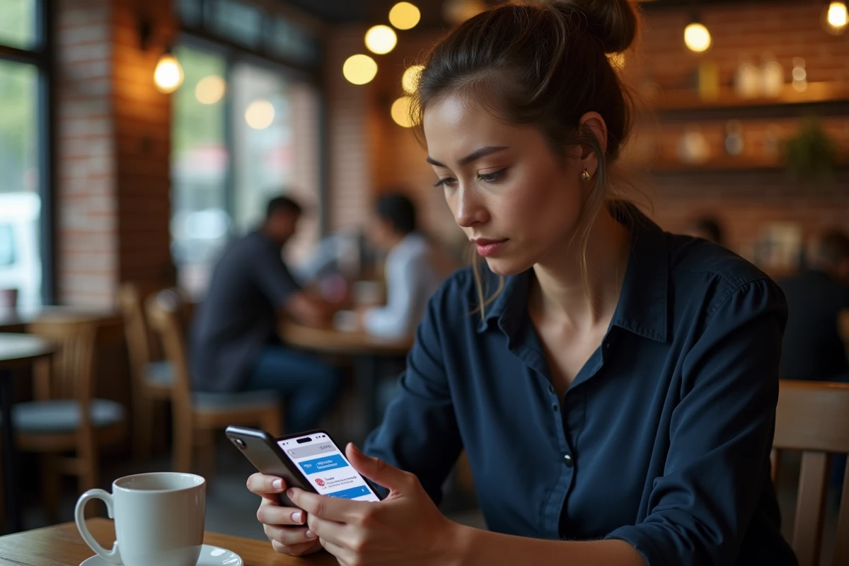 Jeune femme dans un café consultant son smartphone face à une erreur de site web inaccessible