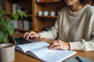 Femme consultant un calendrier imprimé et une calculatrice de dates en ligne sur son ordinateur portable dans un bureau à domicile