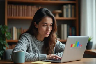 Femme utilisant Cémantix sur un ordinateur portable pour enrichir son vocabulaire depuis son bureau à domicile
