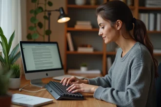 Femme tapant une combinaison de touches sur un MacBook pour saisir un È majuscule avec accent grave