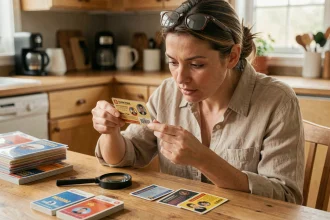 Femme collectionnant des cartes téléphoniques vintage étalées sur une table en bois avec une loupe et des pochettes de rangement
