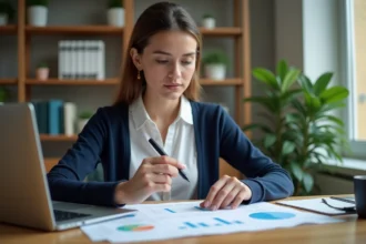 Jeune femme concentrée comparant des dates sur un ordinateur