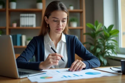 Jeune femme concentrée comparant des dates sur un ordinateur
