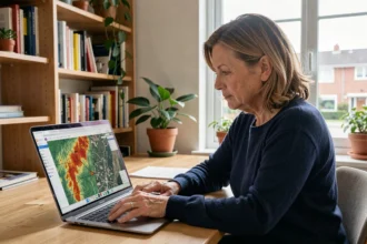 Femme utilisant le service public Géoportail sur un ordinateur portable pour consulter une carte topographique détaillée depuis son bureau à domicile