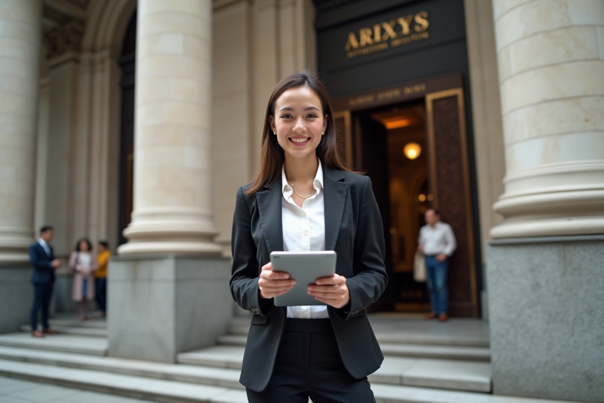 Jeune femme souriante devant une banque élégante