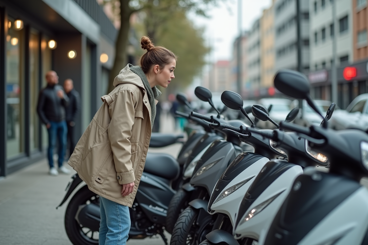 Femme examine motos 125cc dans un concessionnaire urbain