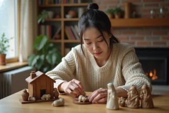 Femme arrangeant des figurines de crèche de Noël sur une table en bois dans un salon chaleureux