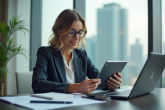 Femme d'affaires en blazer examine des graphiques financiers