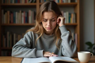 Jeune femme concentrée sur un livre de grammaire française, hésitant entre le futur et le conditionnel