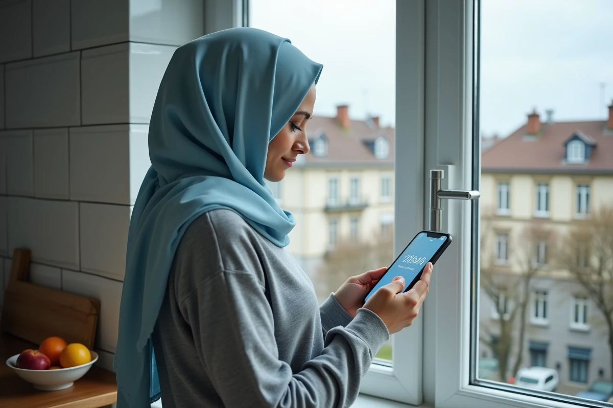 Jeune femme en hijab consultant les heures de prière sur son téléphone dans une cuisine moderne