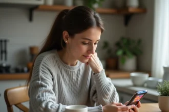 Femme jouant au jeu 4 Images 1 Mot sur smartphone avec 9 lettres à deviner