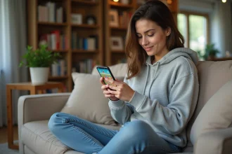 Femme jouant à un jeu de puzzle mobile coloré sur smartphone dans un salon cozy