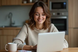 Femme détendue jouant aux cartes dans une cuisine moderne
