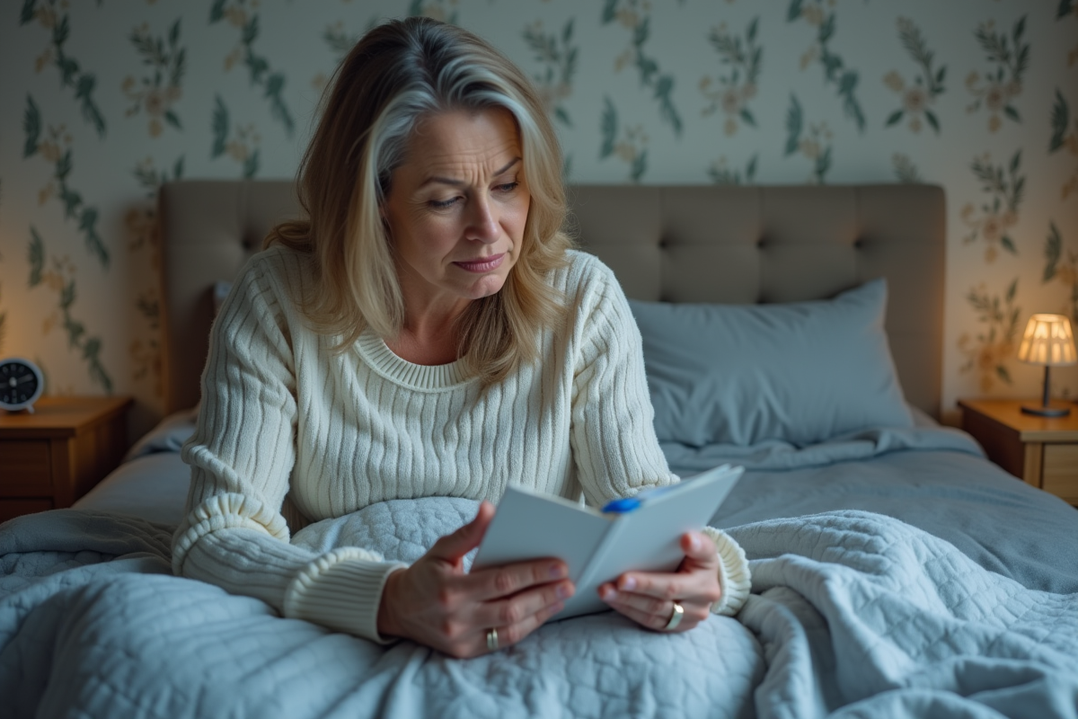 Femme d'âge moyen lisant un médicament pour dormir dans sa chambre