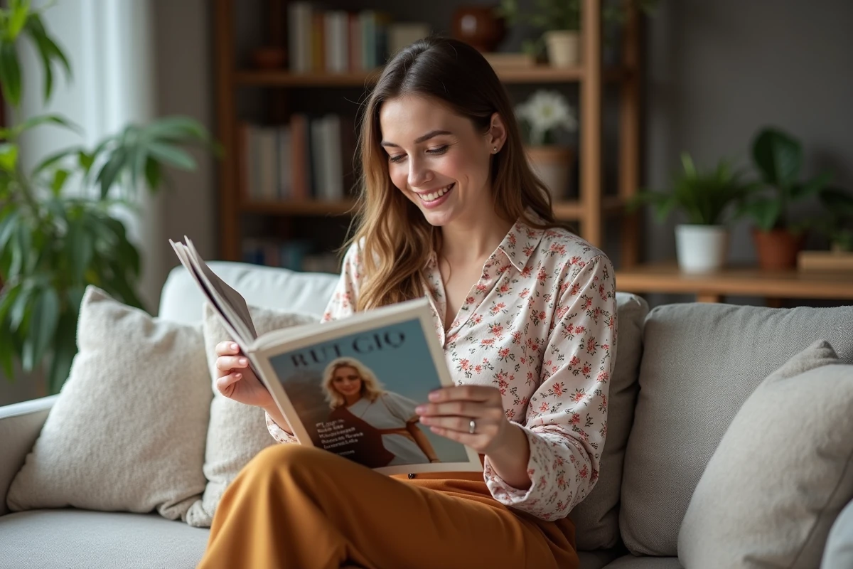 Femme souriante lisant un magazine dans son salon