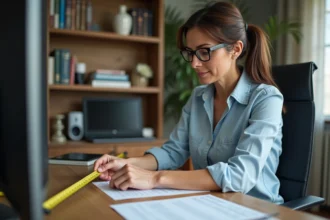 Femme mesurant un écran TV avec un ruban jaune
