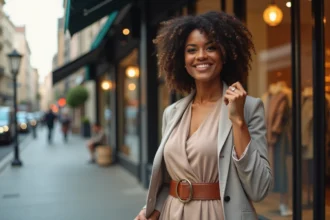 Femme élégante ajustant une robe midi en ville