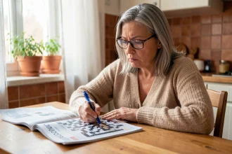 Femme résolvant une grille de mots fléchés sur le thème des chants religieux à une table en bois