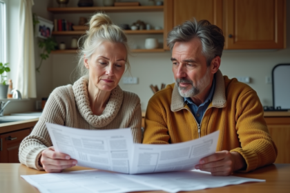 Femme d'âge moyen et son fils étudiant des documents à la maison