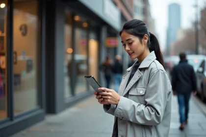 Femme consultant la navigation GPS sur son smartphone en ville