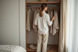 Femme choisissant un vêtement dans un dressing minimaliste