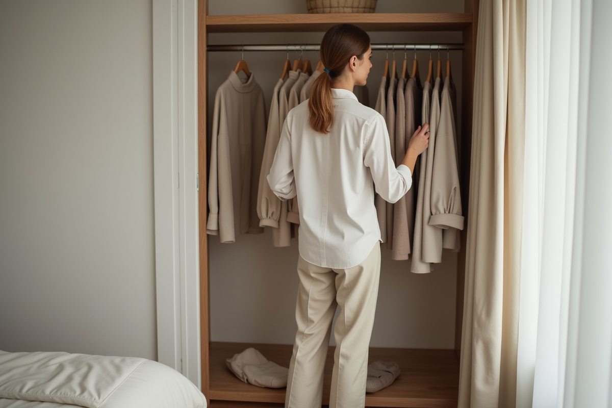 Femme choisissant un vêtement dans un dressing minimaliste
