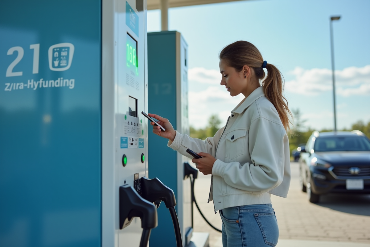 Jeune femme regardant l affichage du prix d hydrogène à la station