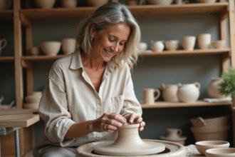 Femme d'âge moyen façonnant une poterie en argile dans un atelier parisien