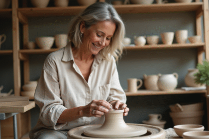 Femme d'âge moyen façonnant une poterie en argile dans un atelier parisien