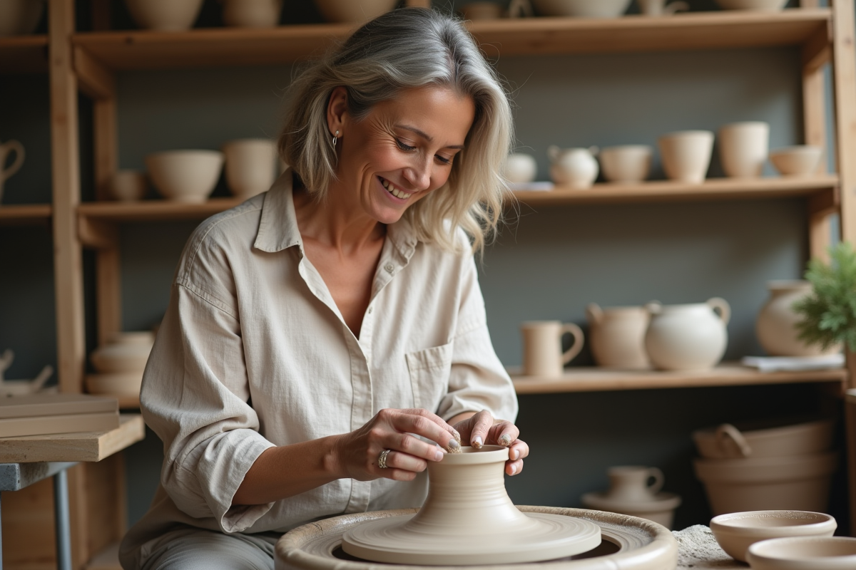 Femme d'âge moyen façonnant une poterie en argile dans un atelier parisien