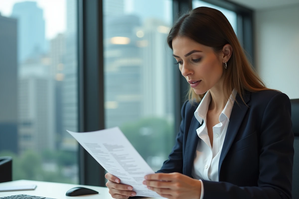 Femme d affaires analysant un document dans un bureau