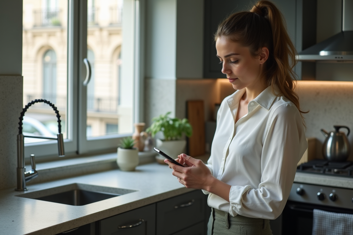 Jeune femme utilisant une tablette dans une cuisine rénovée