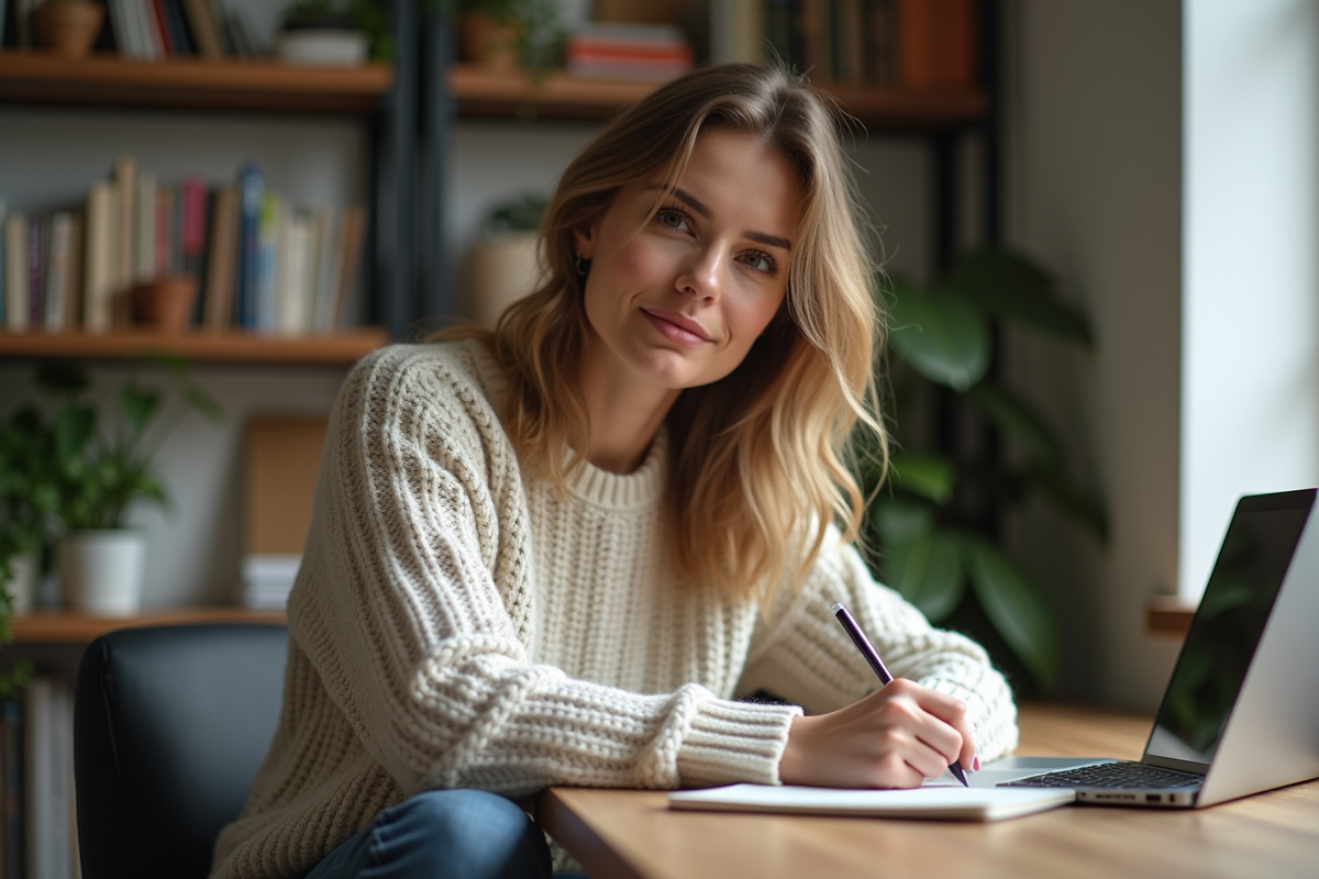 Femme pensant dans un bureau à domicile avec livres et plantes