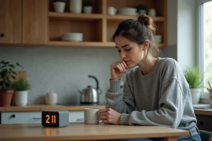 Femme pensante regardant l'horloge 21h21 dans la cuisine