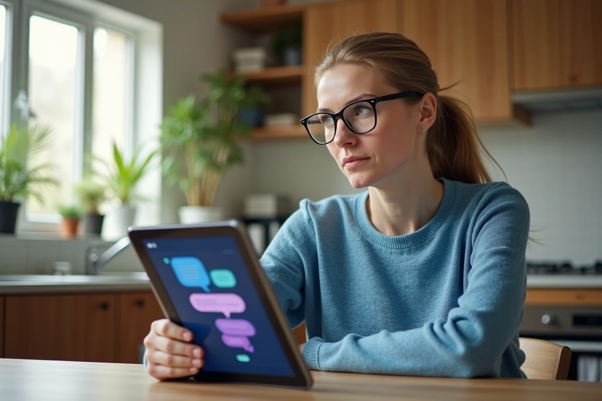 Femme pensante avec tablette dans cuisine lumineuse