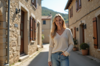 Femme souriante dans une rue tranquille en province française