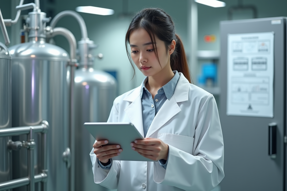 Jeune scientifique avec tablette dans laboratoire hightech