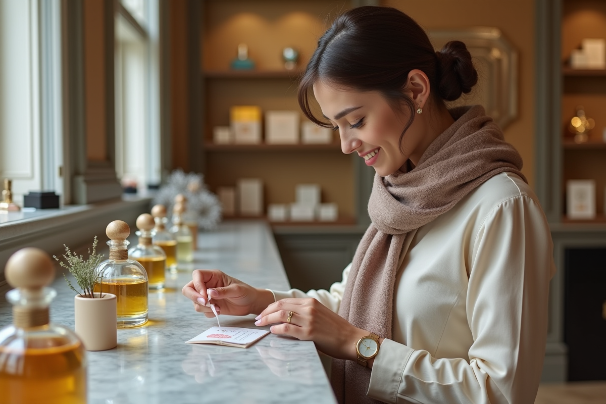 Jeune femme sentant un parfum dans une boutique élégante