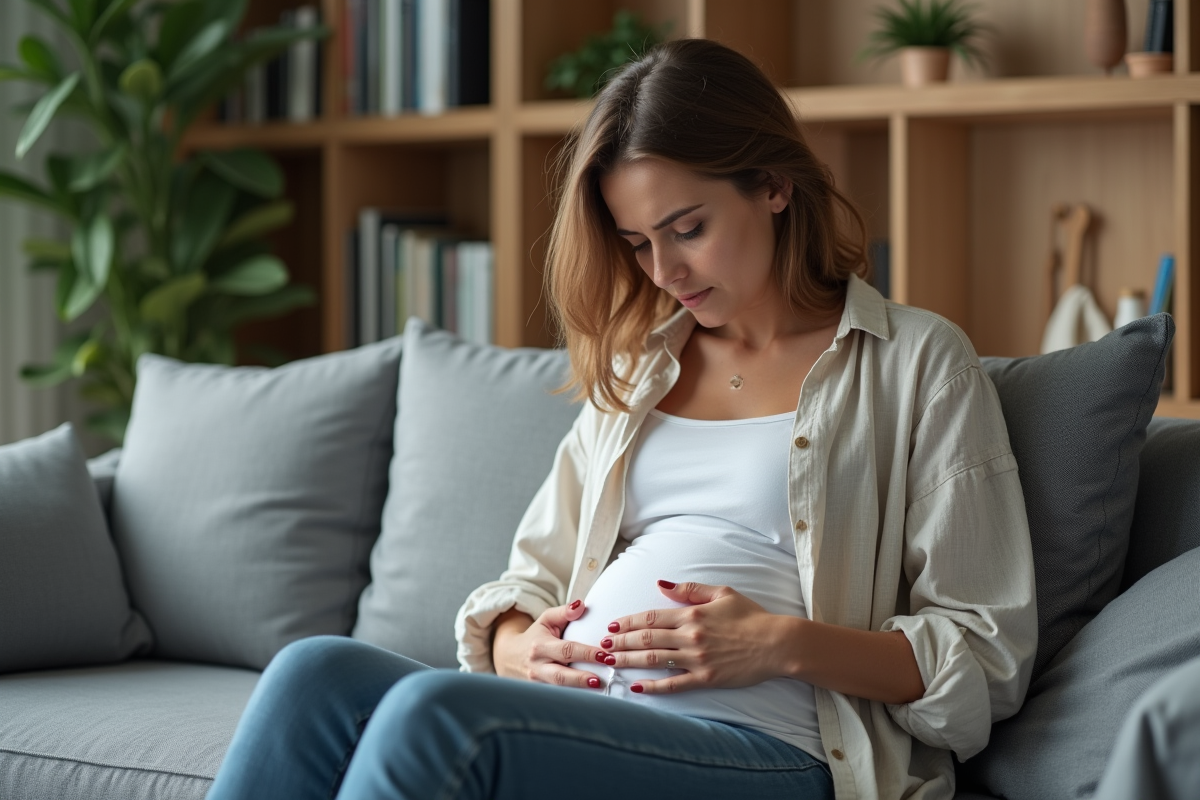Femme assise sur un canapé en pensant à sa grossesse