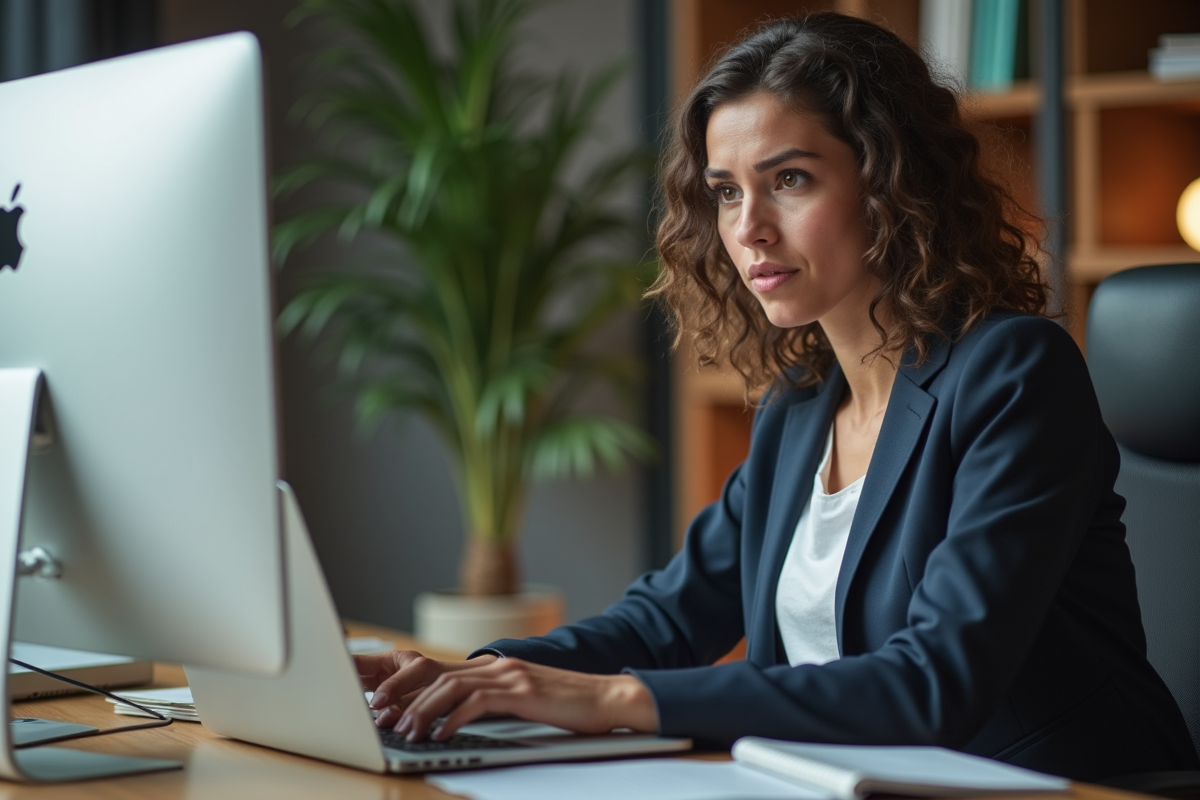 Jeune femme sceptique au bureau avec ordinateur et livres SEO