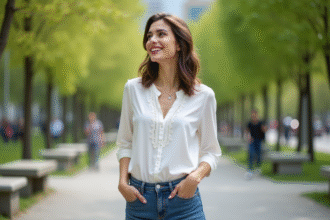 Femme confiante dans un parc urbain en jeans et blouse blanche