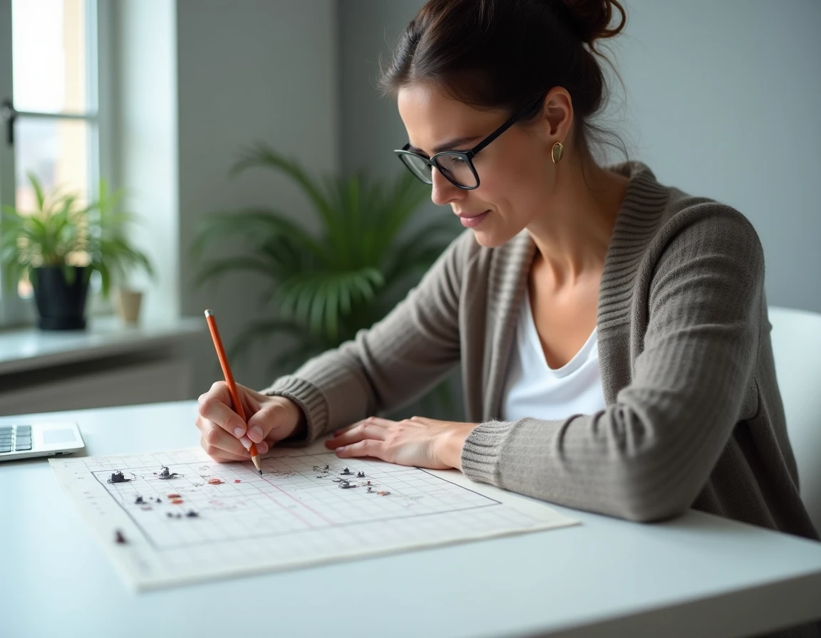 Femme adulte analysant une grille de bataille navale sur papier avec un crayon pour optimiser le placement de ses bateaux