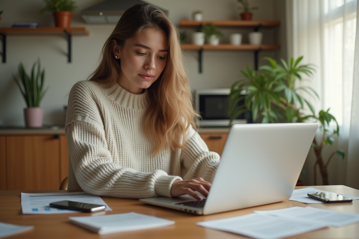 Jeune femme travaillant à domicile avec ordinateur portable