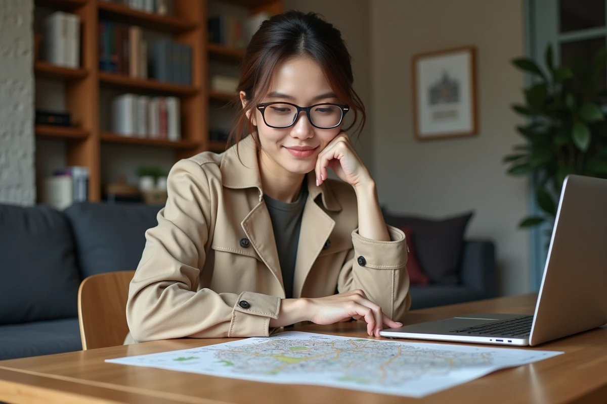 Femme examinant une carte de Paris sur un ordinateur portable à la maison