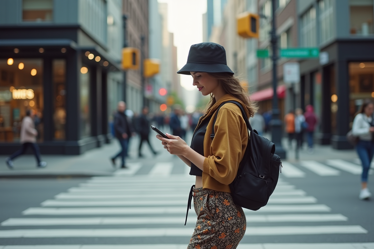 Femme stylée vérifiant son téléphone dans la ville