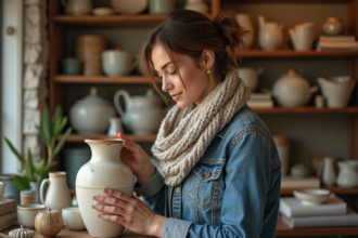Femme inspectant un vase en céramique dans une boutique d'occasion