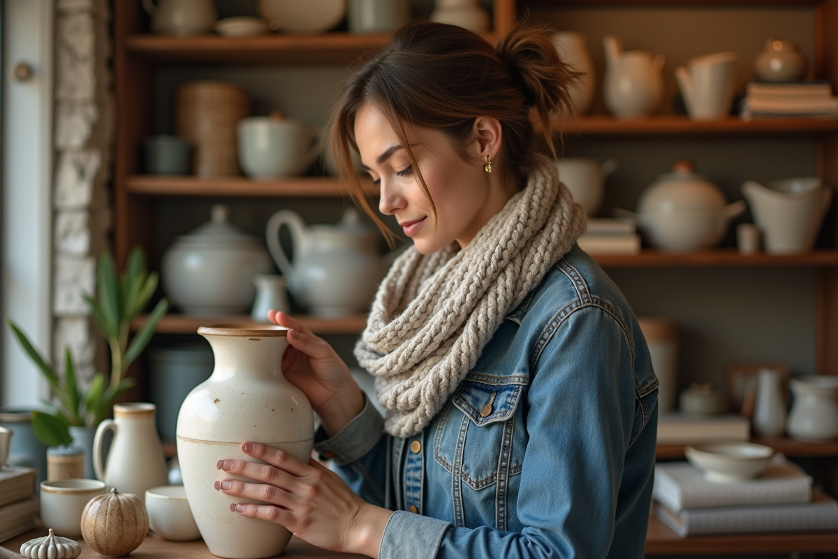 Femme inspectant un vase en céramique dans une boutique d'occasion